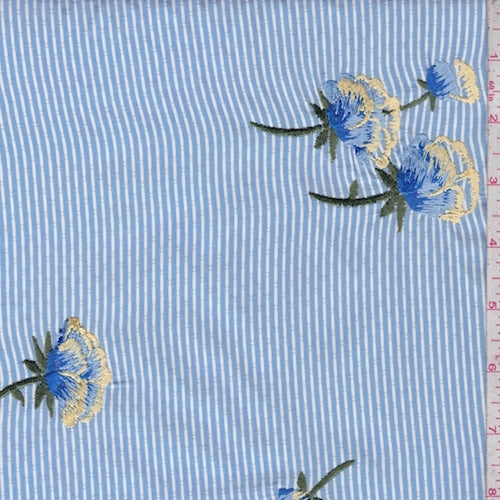 2 YD PC-Sky Blue-White Stripe Embroidered Floral Polyester Fabric