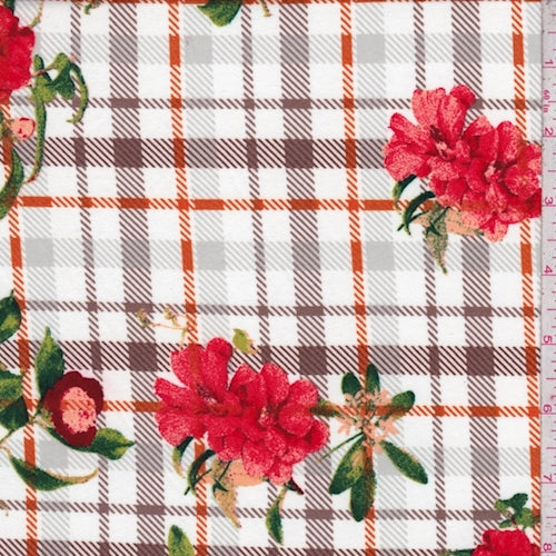 White/Salmon Plaid Floral Double Brushed Jersey Knit Fabric