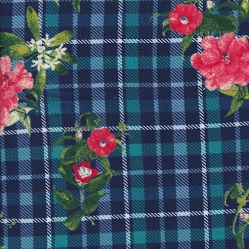 3 YD PC-Blue/Teal Plaid Floral Double Brushed Jersey Knit Fabric