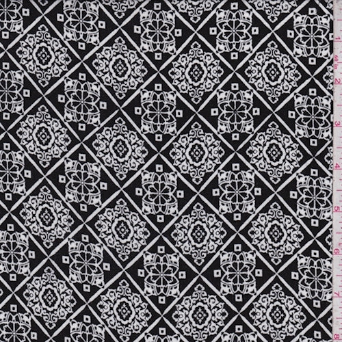 Black/White Scroll Tile Crepon Fabric