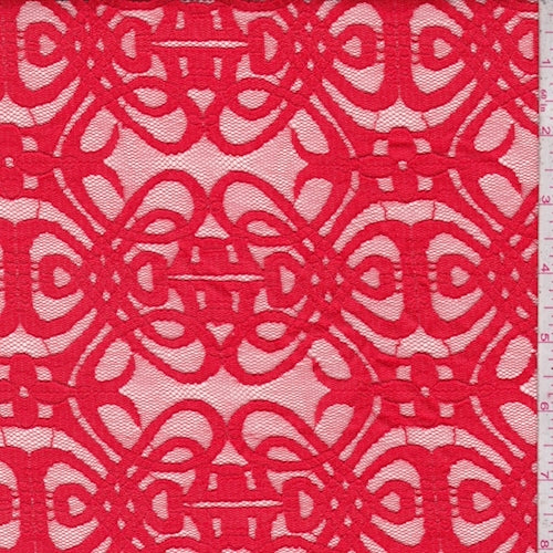 Bright Poppy Red Scroll Deco Lace Fabric