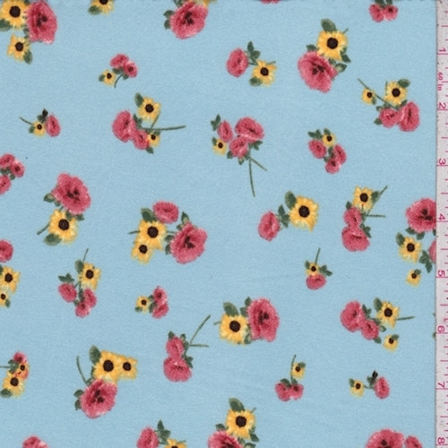 1 1/2 YD PC-Light Blue Rose/Sunflower Double Brushed Jersey Knit Fabric