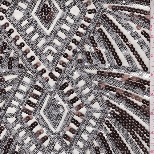 Beige/Bronze/Silver Diamond Burst Sequin Tulle Fabric
