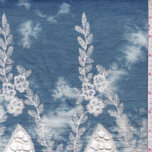 Blue Tie Dye Embroidered Floral Chambray Lawn Fabric