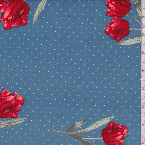 2 1/2 YD PC-ITY Dusty Blue Pin Dot Floral Jersey Knit Fabric