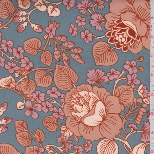 3 1/2 YD PC-ITY Blue Slate/Orange Floral Jersey Knit Fabric