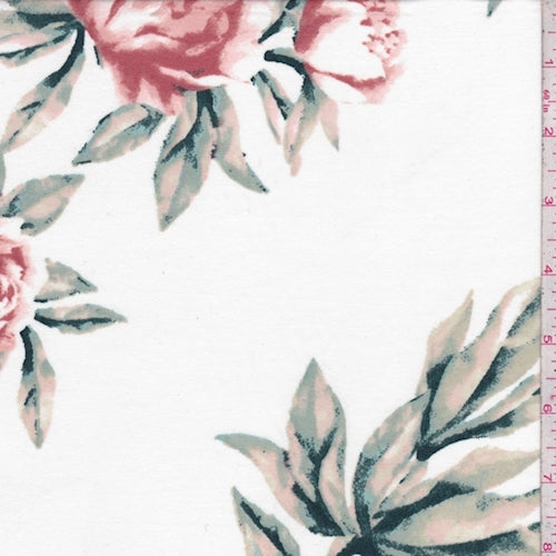 Ivory/Copper Brown Floral Double Brushed Jersey Knit Fabric
