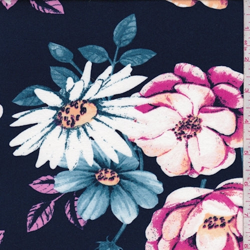 2 1/2 YD PC-Navy/Apricot Floral Pop Double Brushed Jersey Knit Fabric