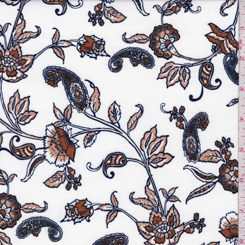 White/Brown Stylized Floral Double Brushed Jersey Knit Fabric