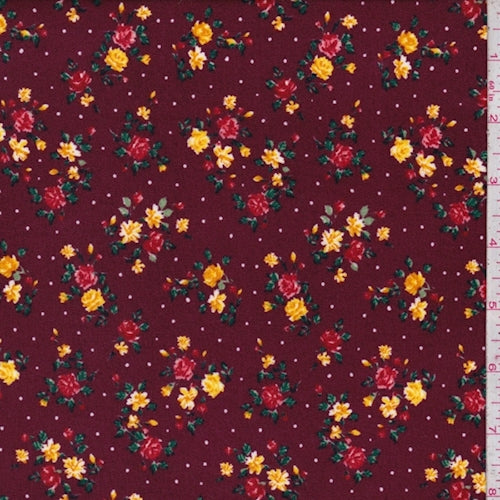 Burgundy Floral Pin Dot Double Brushed Jersey Knit Fabric