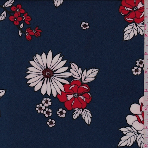Dark Blue/Red Floral Double Brushed Jersey Knit Fabric