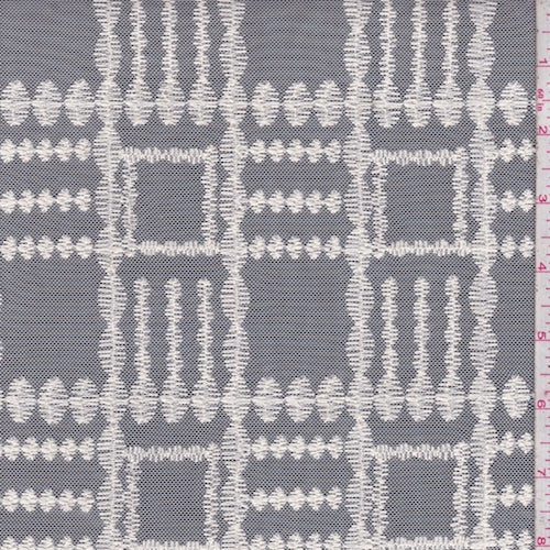Antique Cream Embroidered Deco Check Mesh Fabric