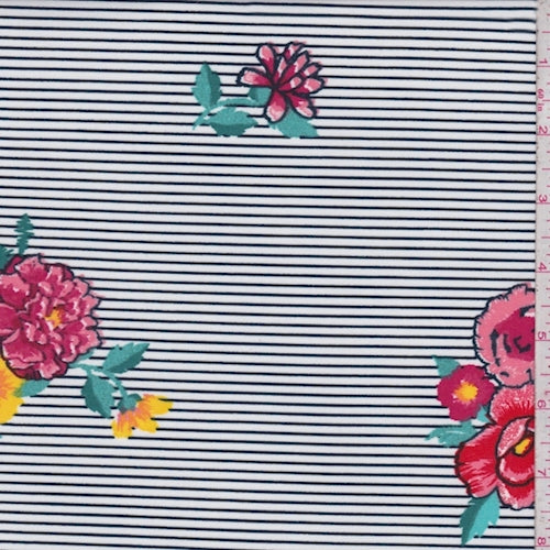 ITY White/Navy/Coral Floral Pinstripe Jersey Knit Fabric