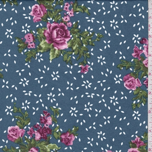 ITY Cadet Blue-Magenta Rose Floral Jersey Knit Fabric