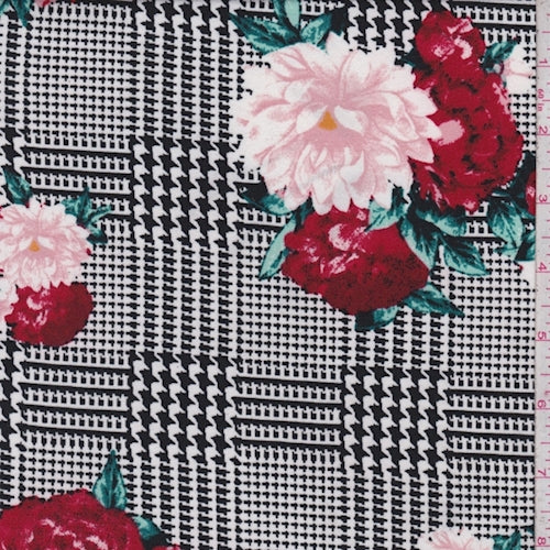 4 5/8 YD PC-White/Pink Glen Plaid Floral Double Brushed Jersey Knit Fabric