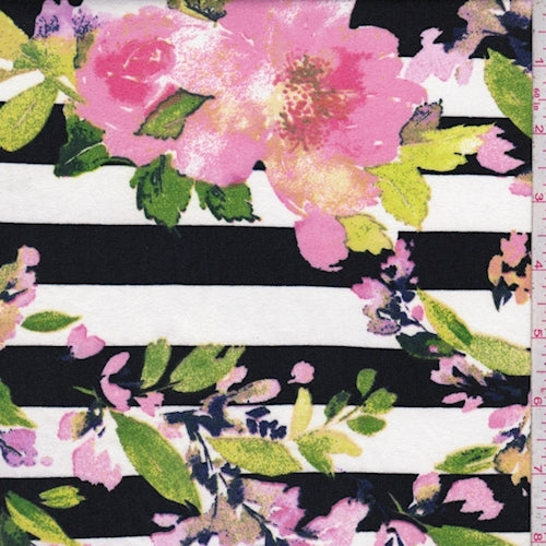 Black-Pink Multi Floral Stripe Double Brushed Jersey Knit Fabric