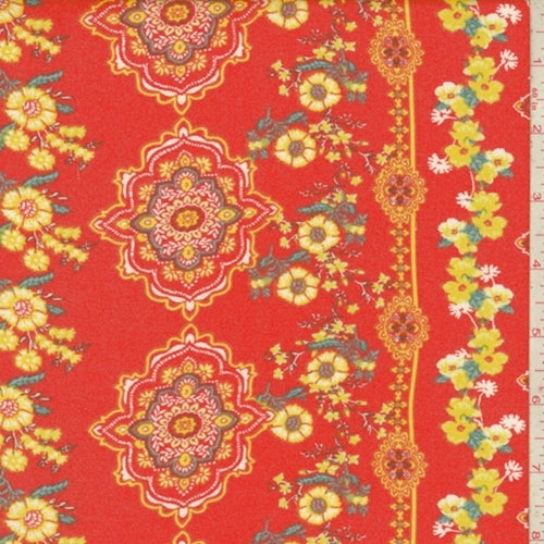 4 YD PC-Coral Red/Gold Medallion Stripe Rayon Challis Fabric