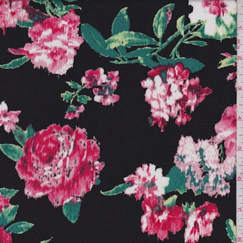 Black/Dark Pink/Jade Streak Floral Rayon Challis Fabric