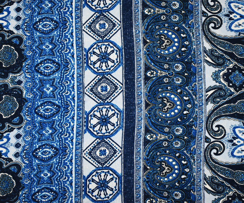 Blue-White-Multi Poly Paisley Baroque Printed Crepe Georgette Woven Fabric