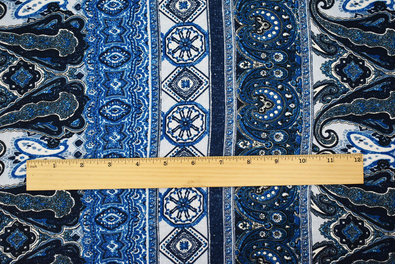 Blue-White-Multi Poly Paisley Baroque Printed Crepe Georgette Woven Fabric