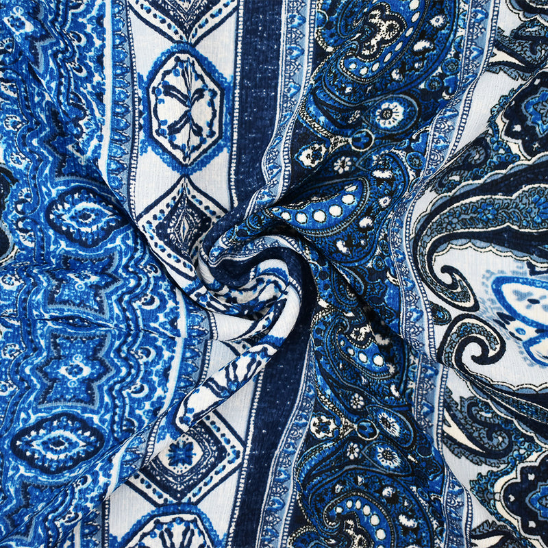 Blue-White-Multi Poly Paisley Baroque Printed Crepe Georgette Woven Fabric