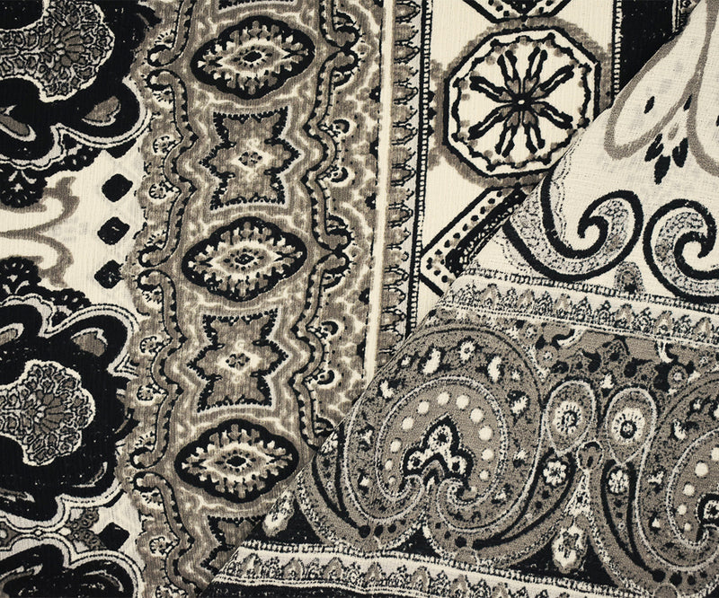 Black-Gray-Multi Poly Paisley Baroque Printed Crepe Georgette Woven Fabric