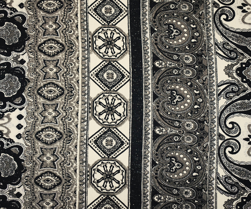 Black-Gray-Multi Poly Paisley Baroque Printed Crepe Georgette Woven Fabric