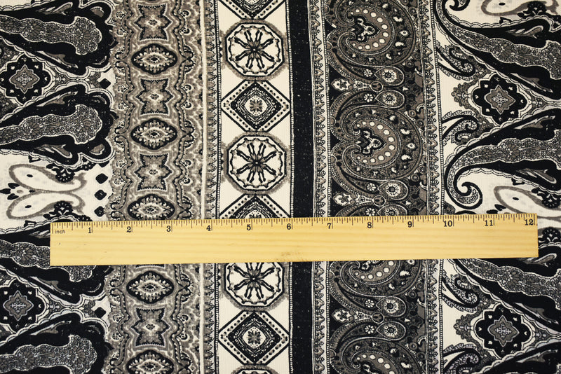 Black-Gray-Multi Poly Paisley Baroque Printed Crepe Georgette Woven Fabric