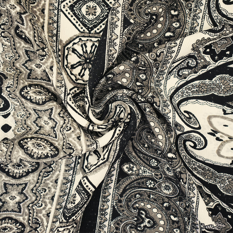 Black-Gray-Multi Poly Paisley Baroque Printed Crepe Georgette Woven Fabric