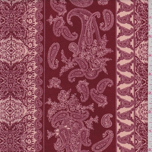 Maroon/Pale Peach Paisley Double Brushed Jersey Knit Fabric