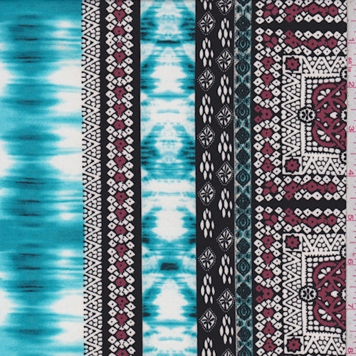 3 YD PC-ITY Aqua-White-Cranberry Seismic Tile Jersey Knit Fabric