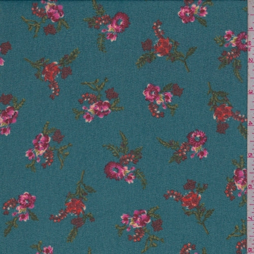 Teal Blue Floral Crepe Chiffon Fabric