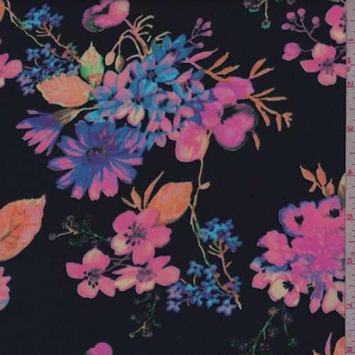4 1/4 YD PC-Deep Navy/Pink Multi Floral Peachskin Fabric