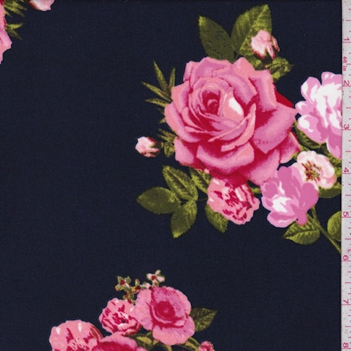 4 7/8 YD PC-Navy/Hot Pink Rose Floral Challis Fabric