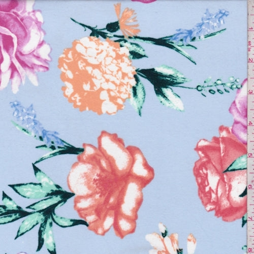 1 YD PC-Lilac Blue/Salmon/Orchid Floral Double Brushed Jersey Knit Fabric