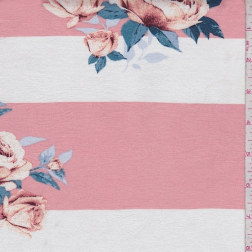 Salmon/White Floral Stripe Rayon Jersey Knit Fabric