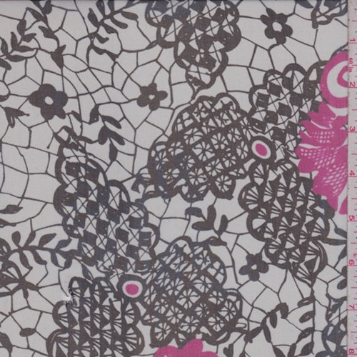 2 YD PC-Pale Grey/Black Lace Print Silk Chiffon Fabric