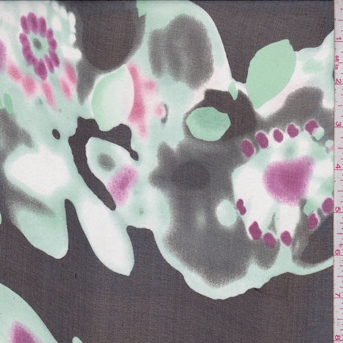 4 YD PC-Black/Mint/Fuchsia Abstract Floral Silk Chiffon Fabric