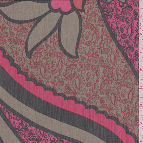 Olive/Coral/Red Paisley Print Crinkled Chiffon Fabric