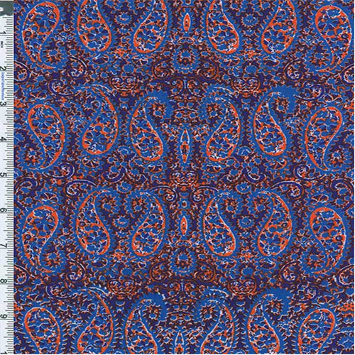Blue/Orange Paisley Rayon Challis Fabric