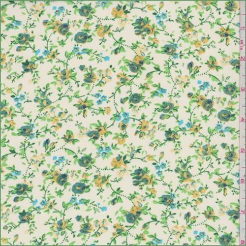2 5/8 YD PC-White/Jade/Gold Stylized Floral Chiffon Fabric