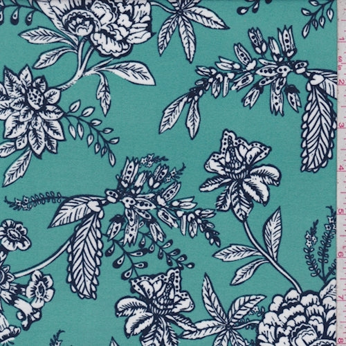 Turquoise/Navy Stylized Floral Double Brushed Jersey Knit
