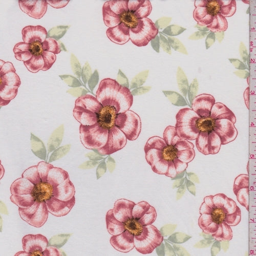 3 YD PC-Off White/Rose Pink Floral Double Brushed Jersey Knit Fabric