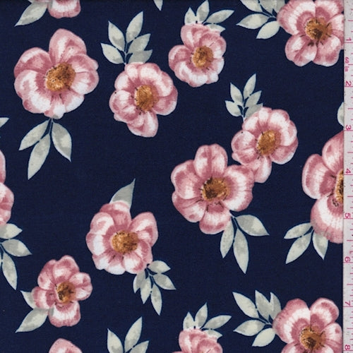 Deep Blue/Pink Floral Double Brushed Jersey Knit Fabric
