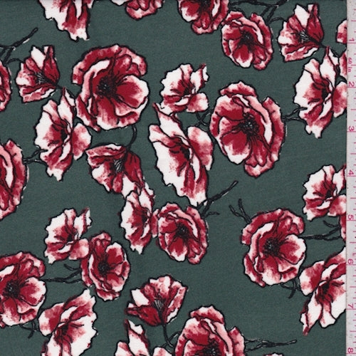 4 YD PC-Forest/Garnet Floral Double Brushed Jersey Knit Fabric