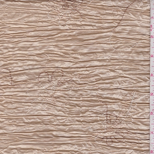 Champagne Beige Embroidered Floral Crushed Taffeta Fabric