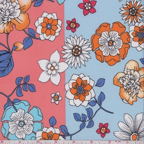 2 YD PC-ITY Blue/Salmon Floral Stripe Jersey Knit Fabric