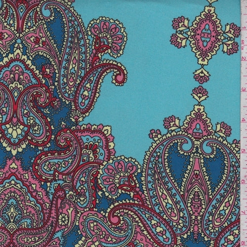 Turquoise/Teal/Pink Stylized Medallion Matte Jersey Knit Fabric