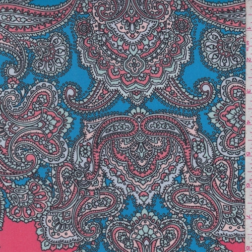 Coral-Aqua-Black Stylized Medallion Matte Jersey Knit Fabric