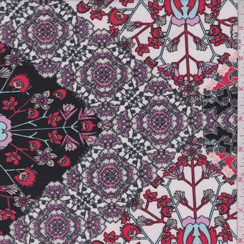 Black/White/Pink Floral Medallion Matte Jersey Knit Fabric